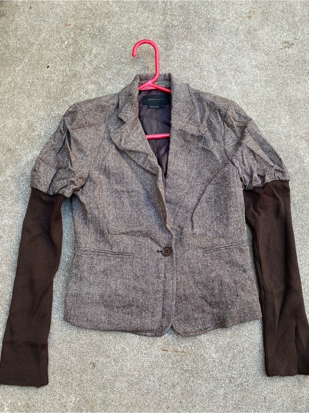 BCBGmaxazria Brown Tweed Herringbone Blazer Mixed Media Ribbed Knit Sleeves S